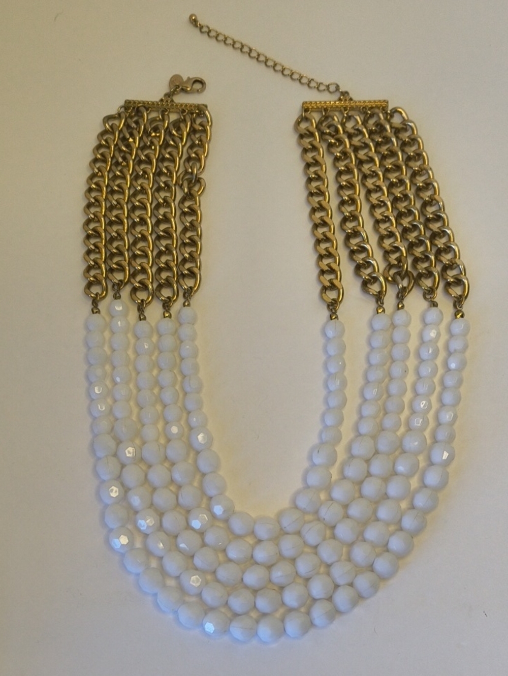 Gold Chain & White Bead Multi-Strand Bib Statement Necklace